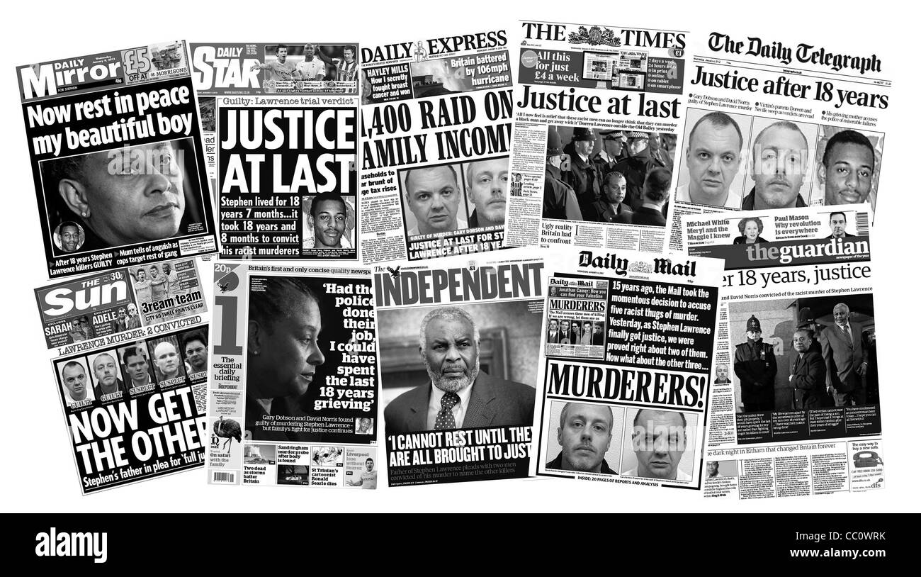 Journaux nationaux britanniques front page couverture du procès pour meurtre de Stephen Lawrence en 2012. [Converties en noir et blanc] Banque D'Images
