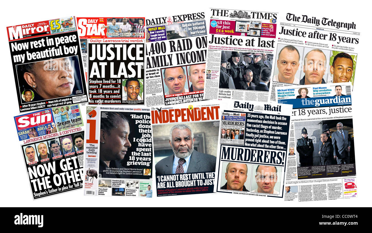 Journaux nationaux britanniques front page couverture du procès pour meurtre de Stephen Lawrence en 2012. Banque D'Images