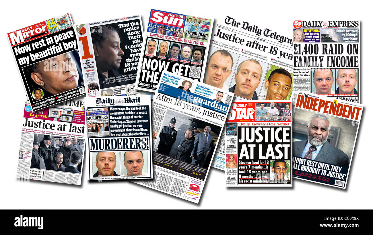 Journaux nationaux britanniques front page couverture du procès pour meurtre de Stephen Lawrence en 2012. Banque D'Images