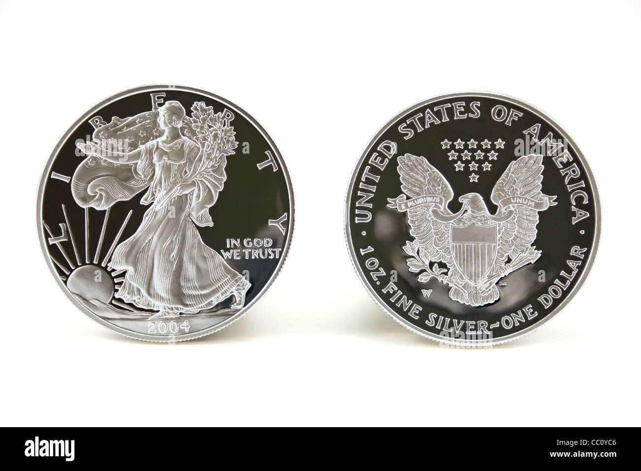 American Eagle deux Lingots d'Argent Pièces de monnaie (monnaie légale) montrant l'avant et l'arrière de la pièce Banque D'Images