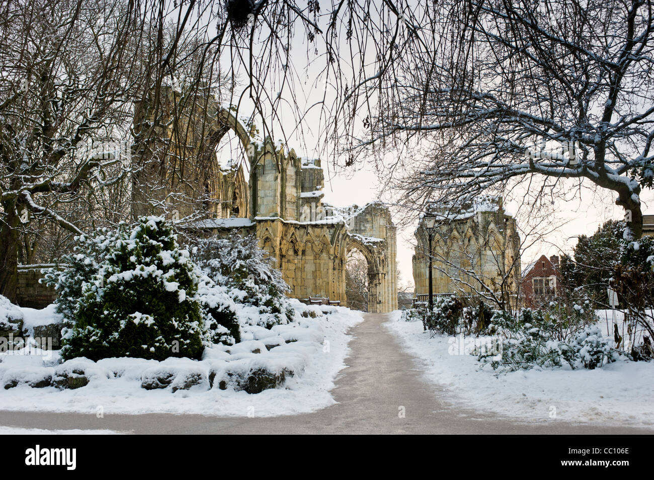 Ruines de l'abbaye de St Mary encadrées par des arbres dans les jardins du musée, York, dans la neige. Banque D'Images