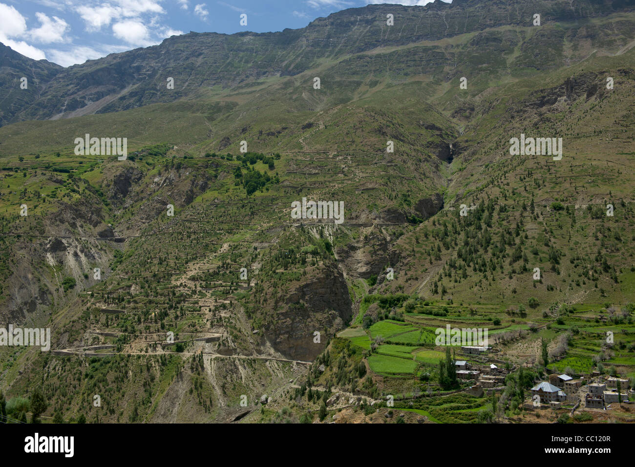 Village de Cheling sur une colline en terrasses escarpées menant à la vallée de la rivière Bhaga, Leh-Manali Highway, Himachal Pradesh, Inde Banque D'Images
