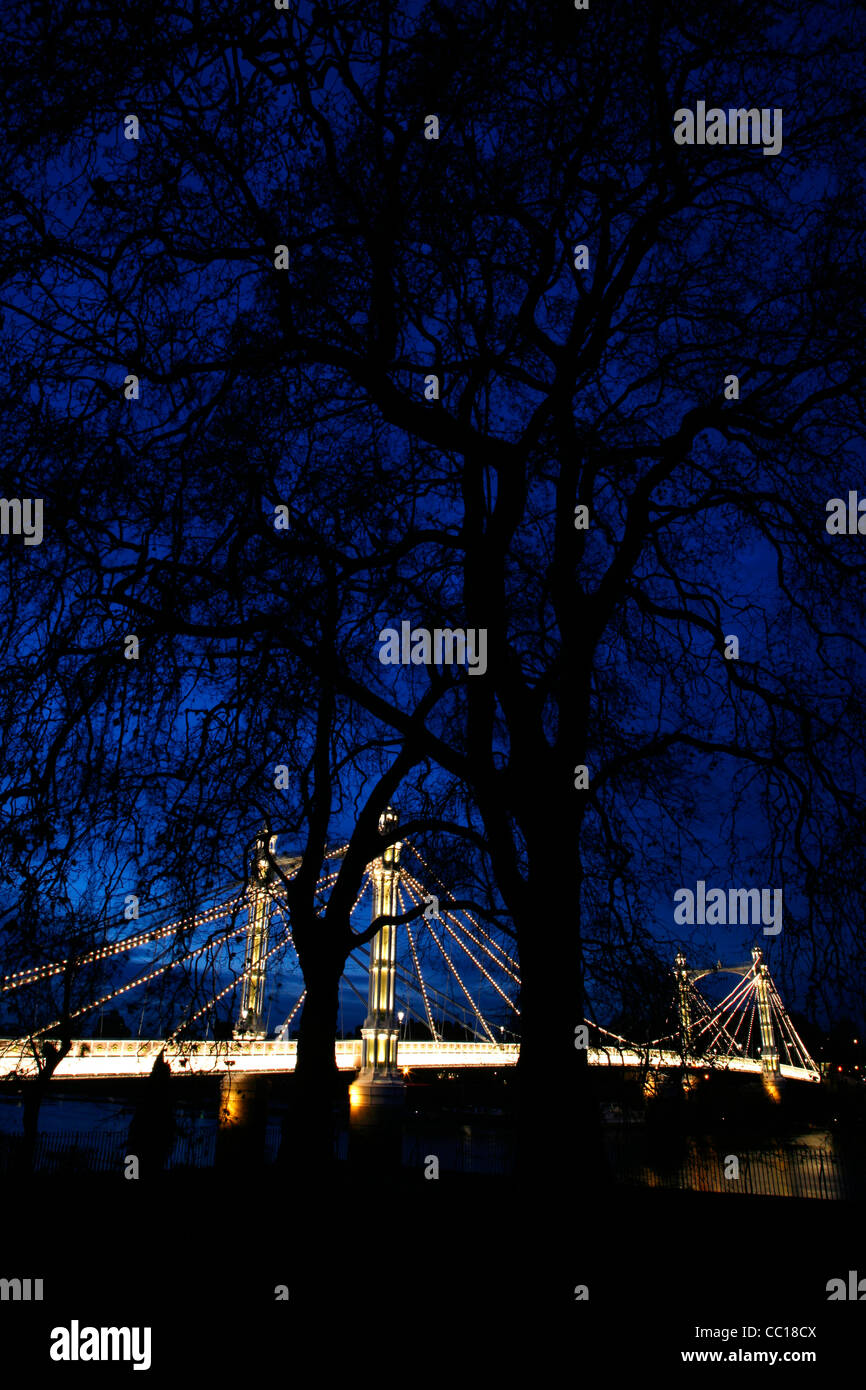 À travers les arbres de Battersea Park à Albert Bridge, Battersea, Londres, UK Banque D'Images