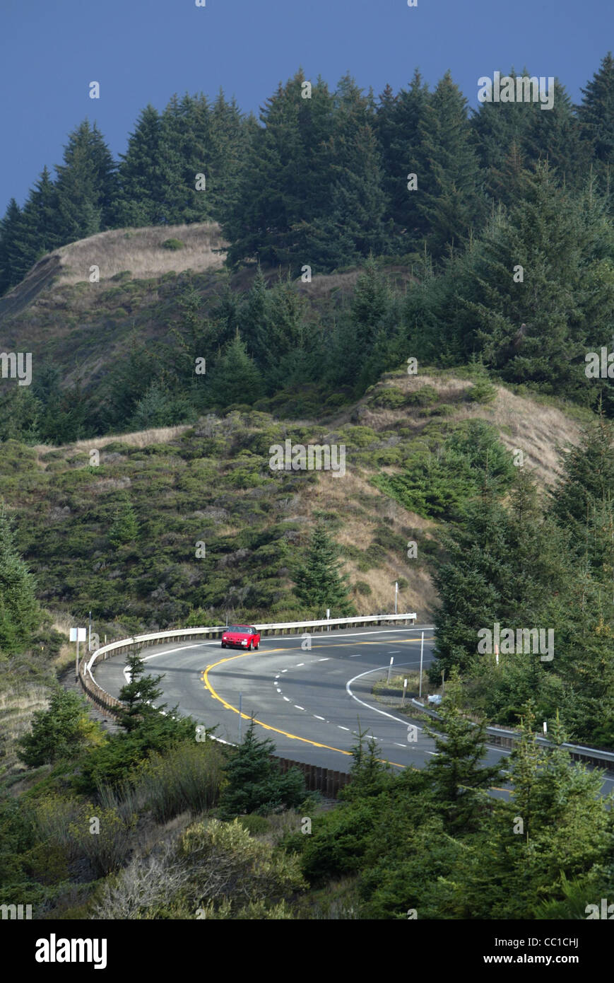 Une voiture de sport de la conduite sur la route côtière de l'Oregon 101. Banque D'Images