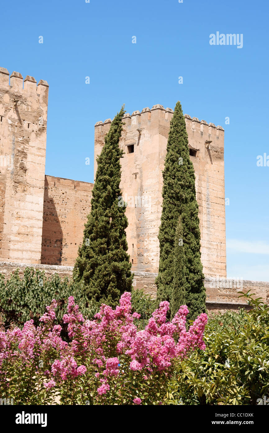 Détail de l'Alcazaba une fortification mauresque de l'Alhambra de Grenade, Espagne. Banque D'Images