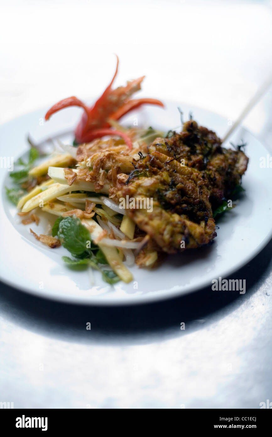 Un plat de poulet à la citronnelle grillées avec salade de mangue verte à la gloire du matin l'école de cuisine à Hoi An, Vietnam Banque D'Images