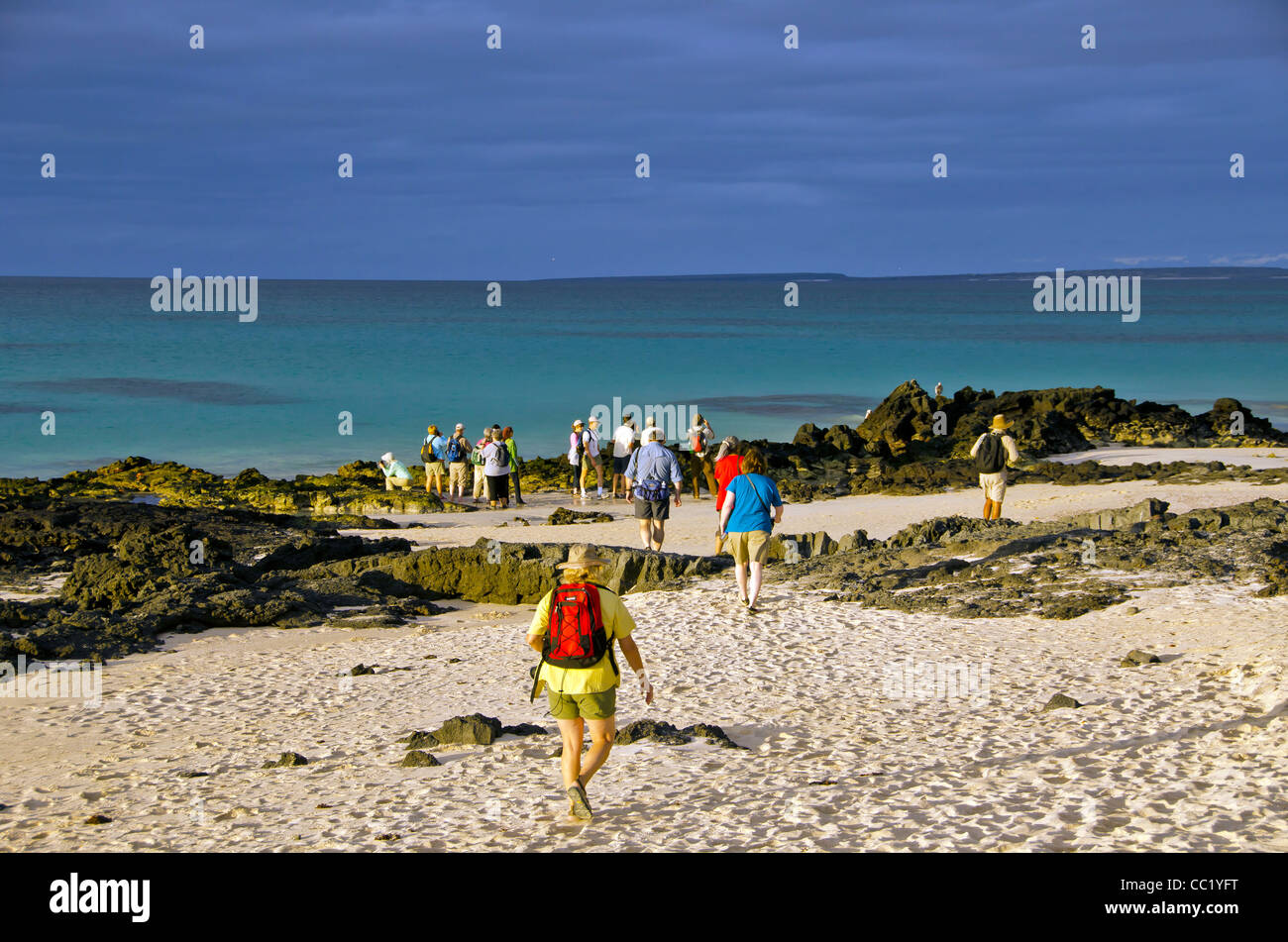 Les touristes la marche sur la plage Las Bachas, Santa Cruz Island, îles Galapagos, Equateur Banque D'Images