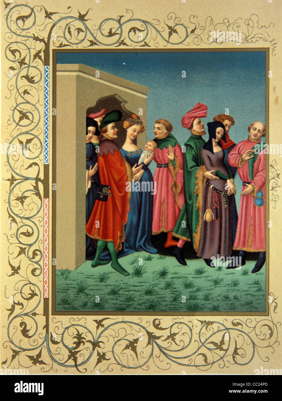 Jeune Mere Et Nouvel Enfant Ou Bebe Ne Dans La France Medievale Ou Moyen Age Avec Aristocratiques Courtois Attendants C14eme Peinture Miniature Photo Stock Alamy