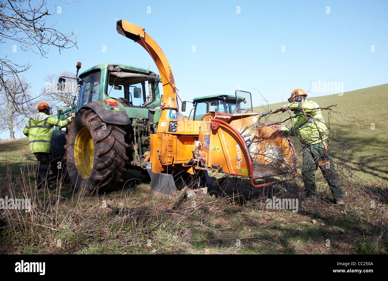 Arbres de déchiquetage d'agriculteurs qui ont chuté dans ses champs en raison de tempêtes dans le pays de Galles, Royaume-Uni. Banque D'Images