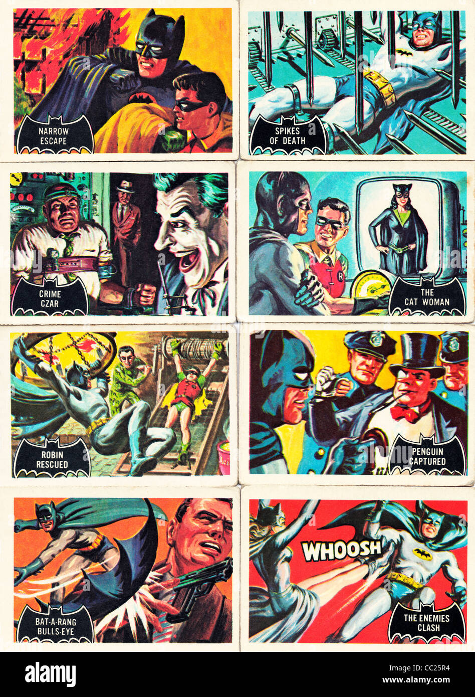 Bubble Gum trading cards de la série de cartes Batman 1966 connu sous le nom de la Chauve-souris noire ou orange série dos Banque D'Images