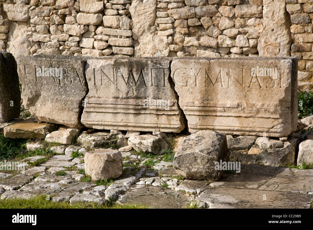 Inscription romaine à Dougga, Tunisie. Banque D'Images