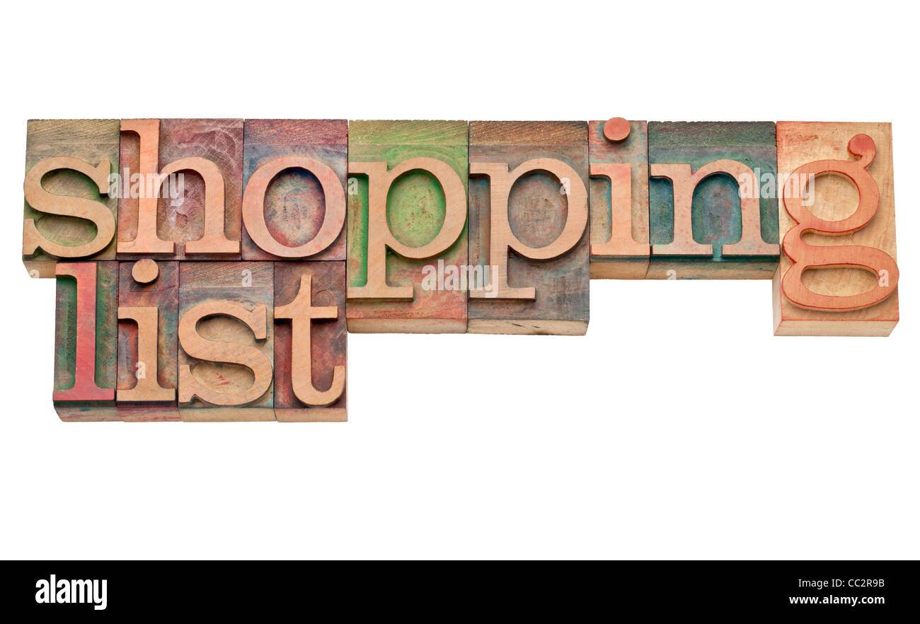 Liste de magasinage - isolé du texte dans la typographie vintage wood blocks, tachés par les encres couleur Banque D'Images