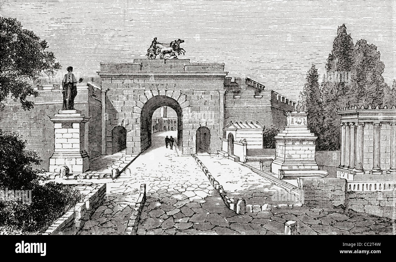 La porte d'Herculanum et la rue des tombeaux, Pompéi, Naples, Italie à la fin du xixe siècle. Banque D'Images