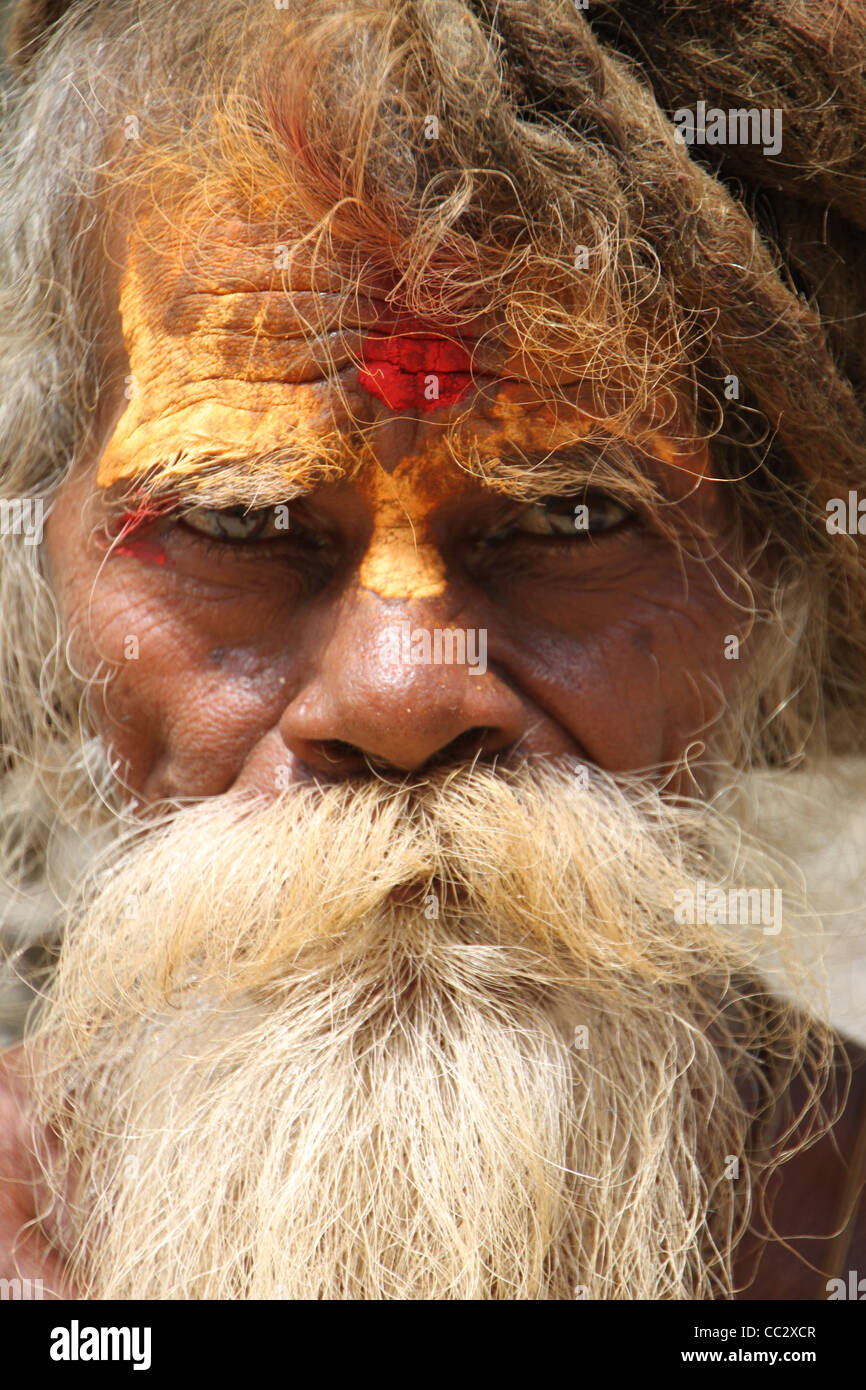 Close up Portrait of colorful Sadhu saint homme, Katmandou, Népal Banque D'Images