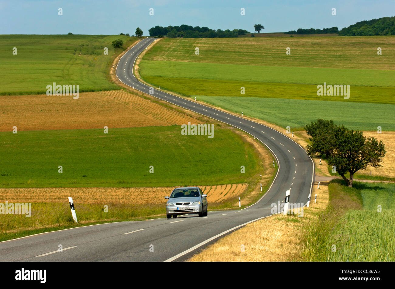 Route de campagne serpentant à travers champs dans un paysage vallonné, Rhénanie-Palatinat, Allemagne Banque D'Images