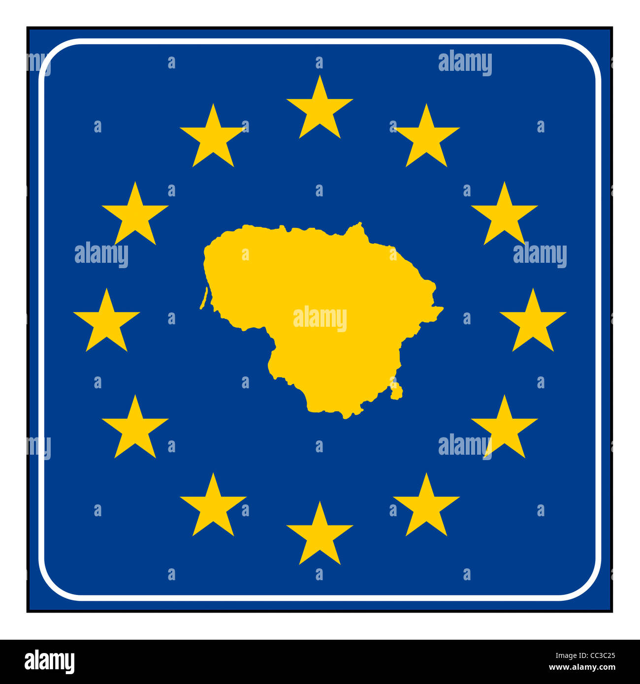 Carte de la Lituanie sur bleu et étoilé bouton européen isolé sur fond blanc avec l'exemplaire de l'espace. Banque D'Images