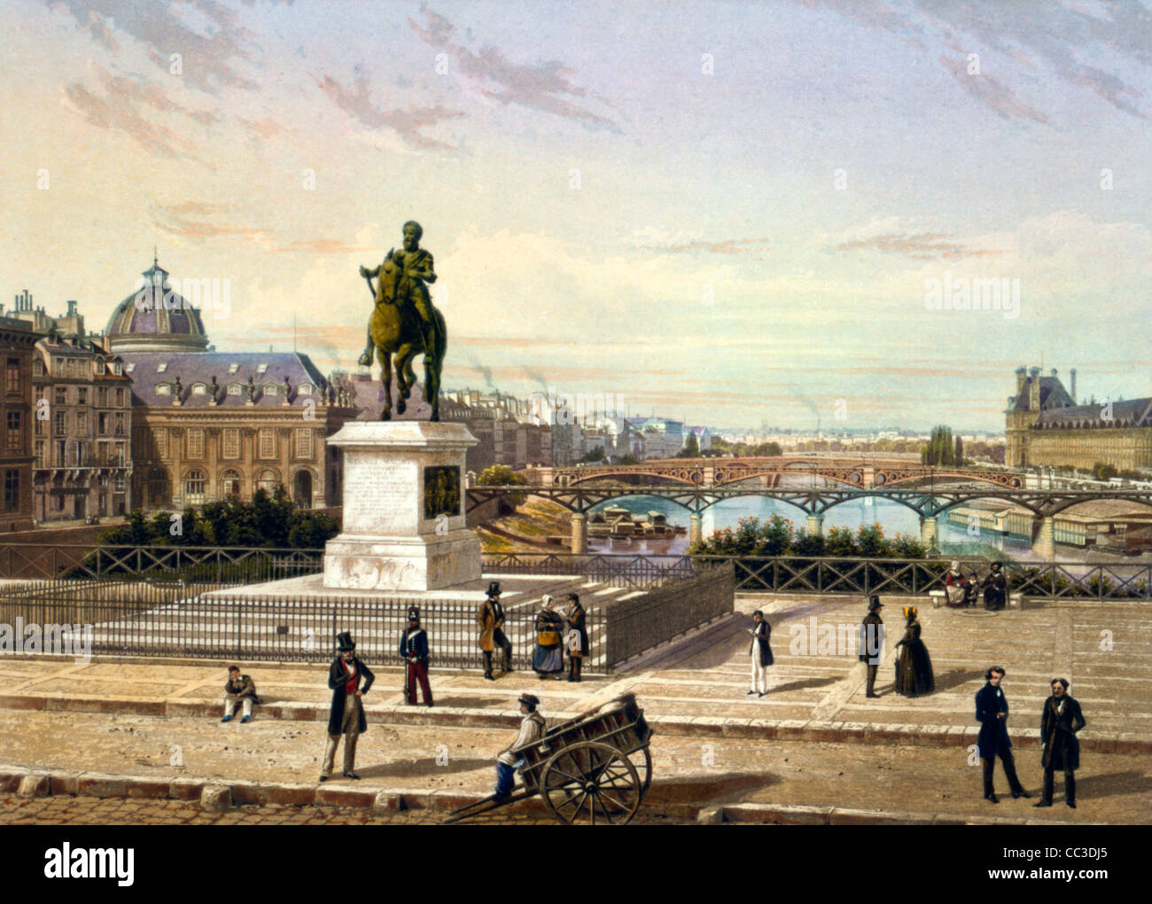 Vue près de le Pont Neuf, y compris statue équestre d'Henri IV, Paris, France, vers 1842 Banque D'Images