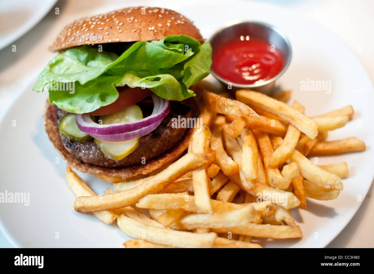 Un hamburger et des frites sur une assiette Banque D'Images