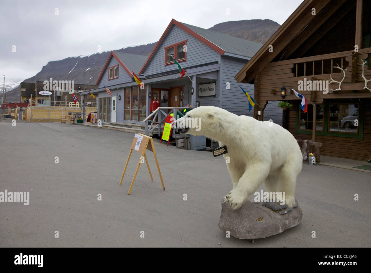 Ours polaire en peluche, entreposage extérieur à Longyearbyen, Spitzberg, Svalbard, Norvège, Europe Banque D'Images