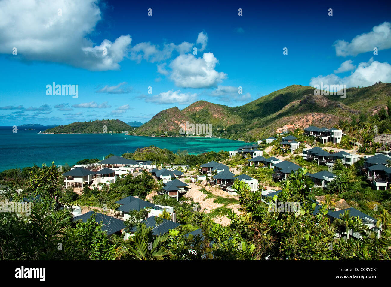 Vue panoramique, le Raffles Praslin Seychelles resort Banque D'Images