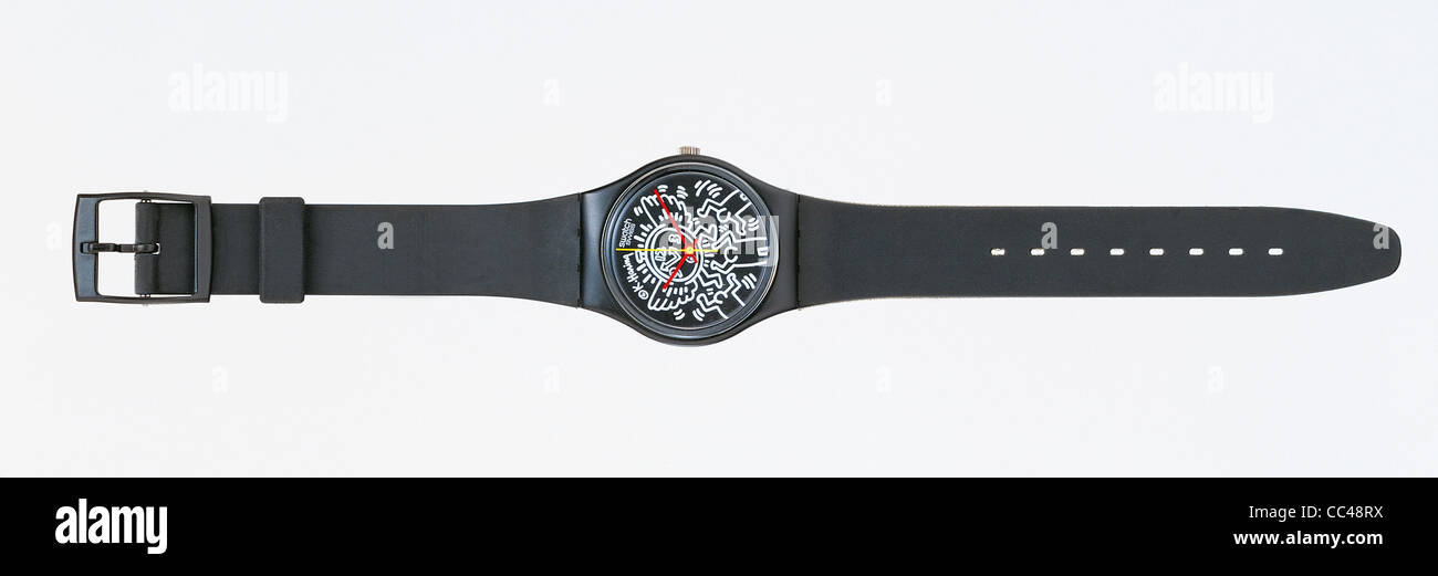 Watches : Swatch, Gz 104, noir sur blanc, Keith Haring, 1986 Art Production Banque D'Images