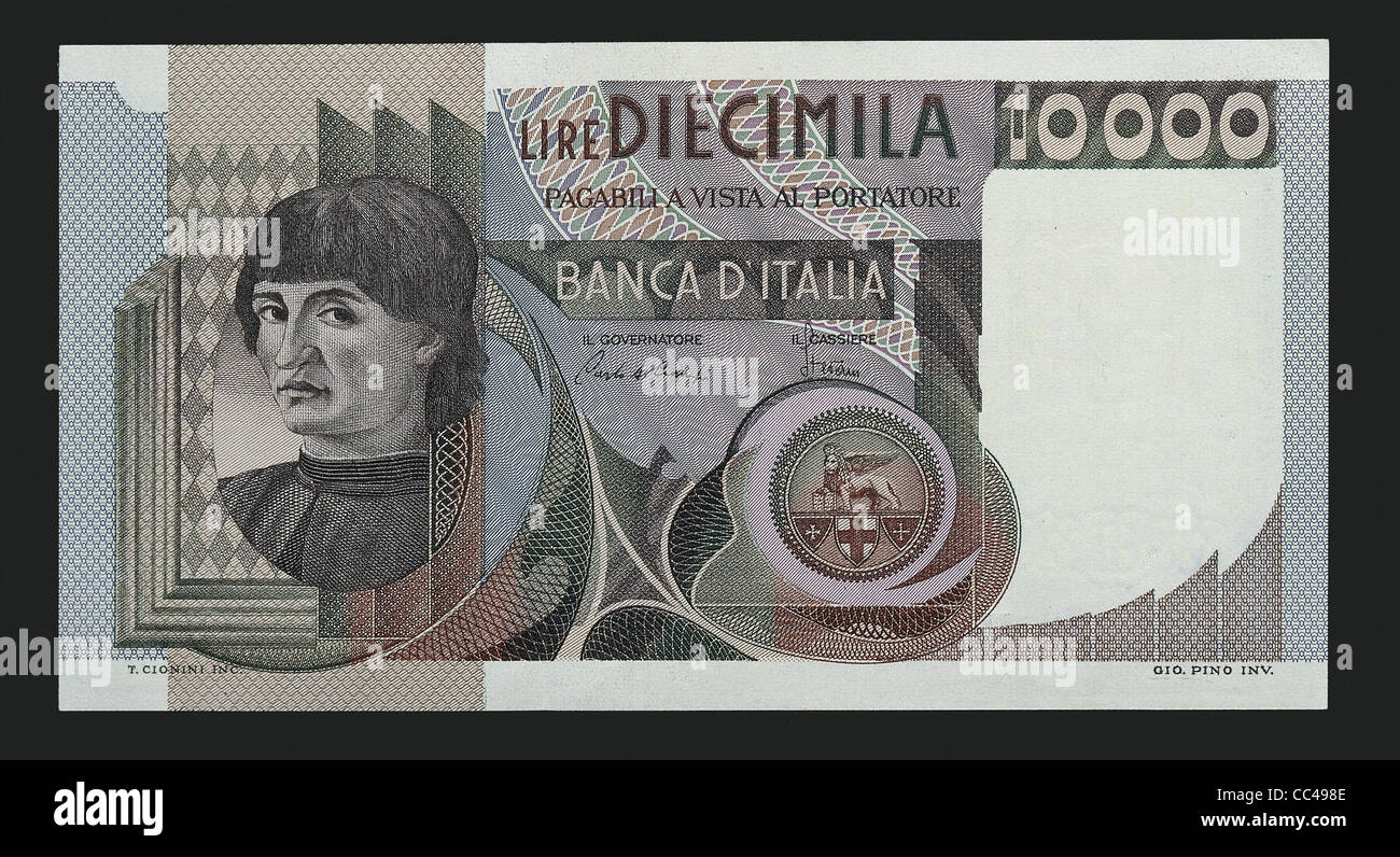 Pièces de monnaie, l'Italie du xxe siècle. Billet de 0 000 lires, comme Niccolo Machiavelli. Recto. Banque D'Images