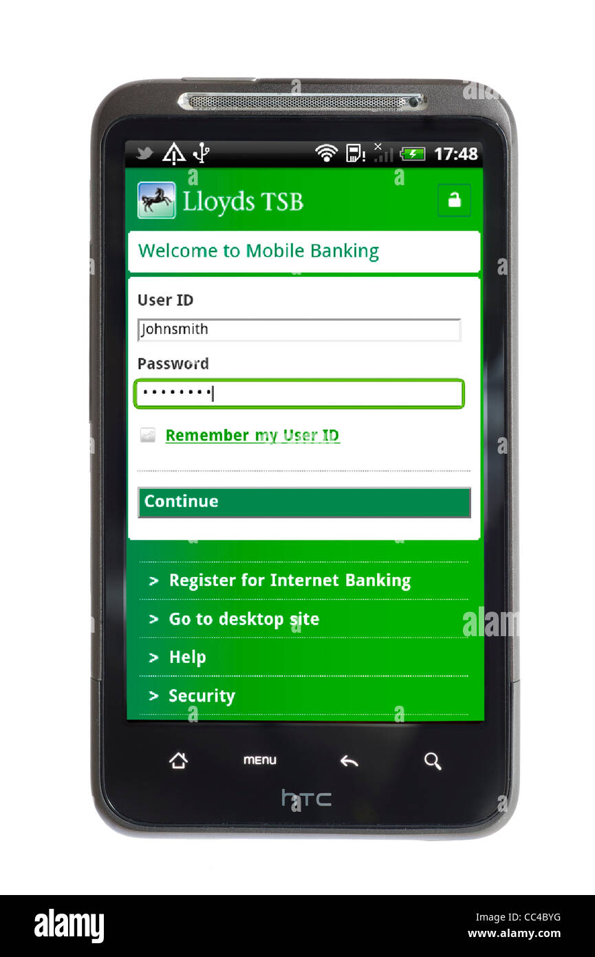 Connexion à mobile banking avec la Lloyds TSB app sur un smartphone HTC Banque D'Images