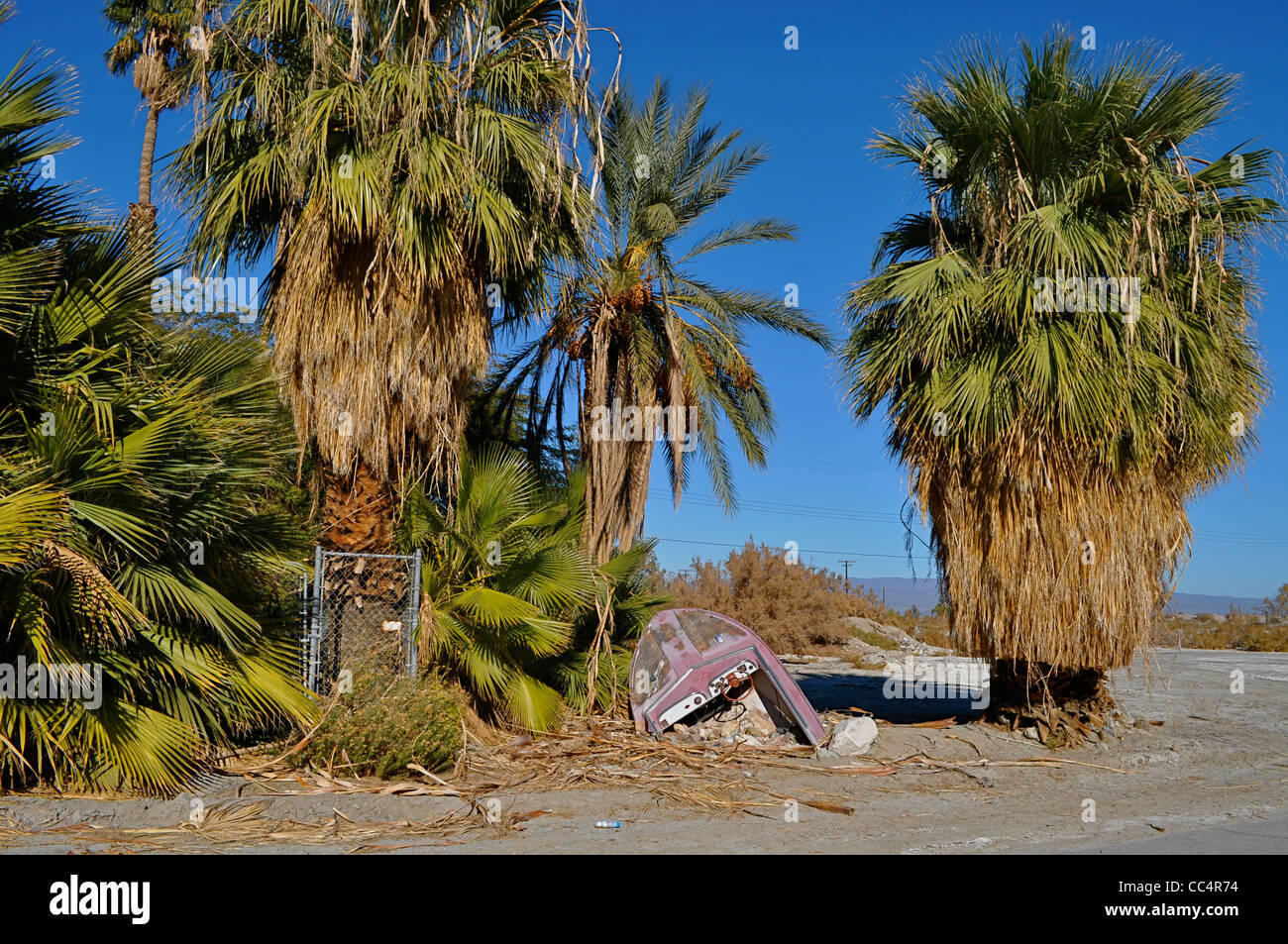 La mer de Salton, maintenant presque une ville fantôme, avec dead poisson Tilapia dansant le long du bord de la lac salin, Desert Resort abandonné. Banque D'Images
