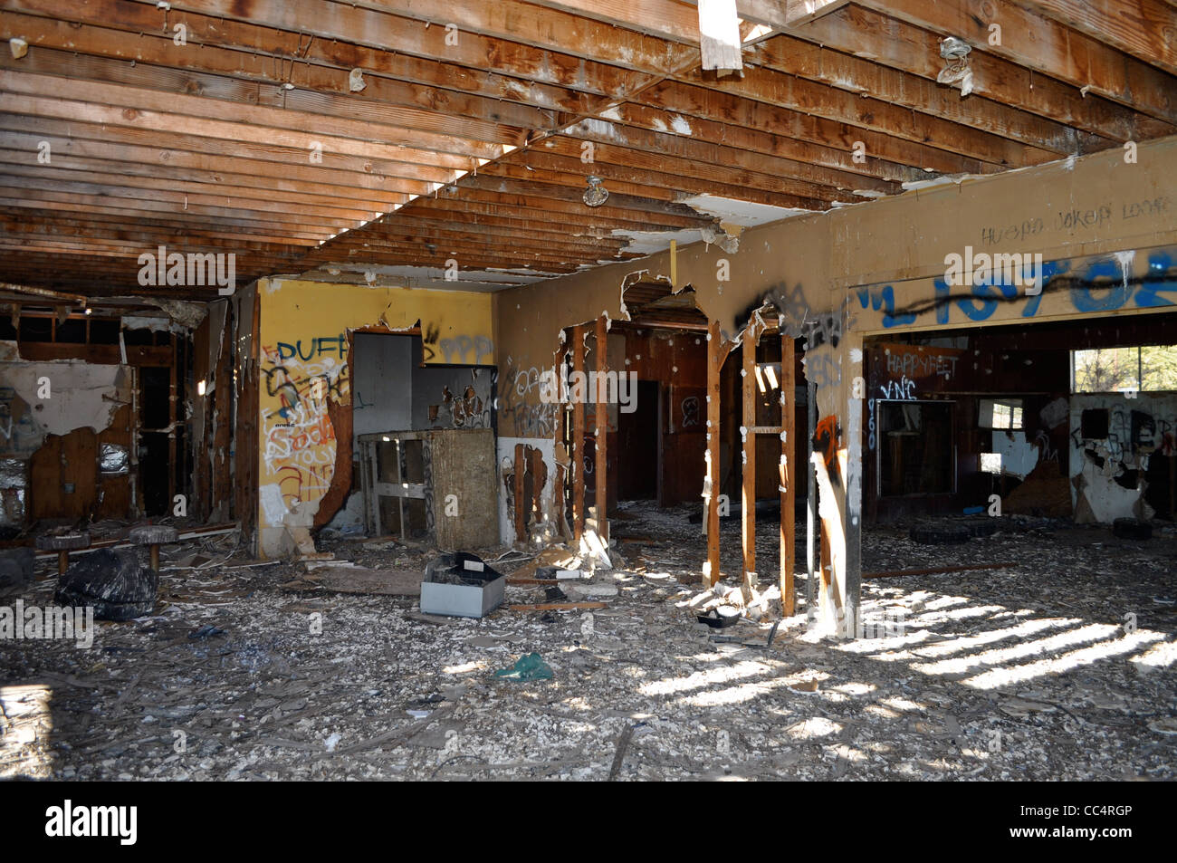 La mer de Salton, maintenant presque une ville fantôme, avec dead poisson Tilapia dansant le long du bord de la lac salin, Burnt Out bar, CA Banque D'Images