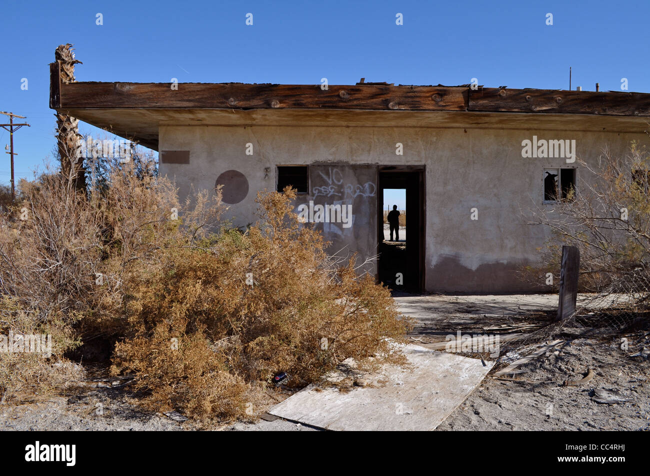 La mer de Salton, maintenant presque une ville fantôme, avec dead poisson Tilapia dansant le long du bord de la lac salin, Burnt Out bar, CA Banque D'Images