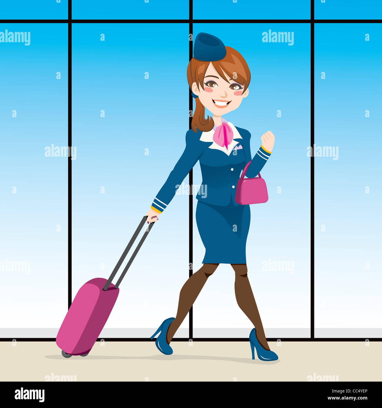 Belle hôtesse de l'aéroport à la borne portant un sac à main et tirer la tige cas Banque D'Images