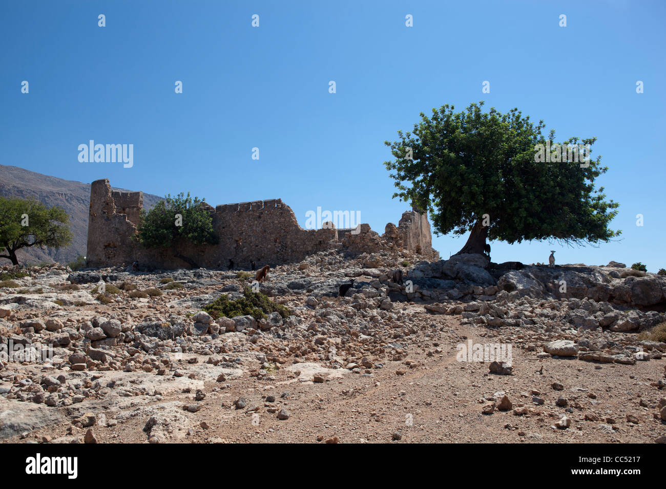 Ruines d'un ancien château à proximité de Loutro village au sud de la Crète, Grèce. Banque D'Images