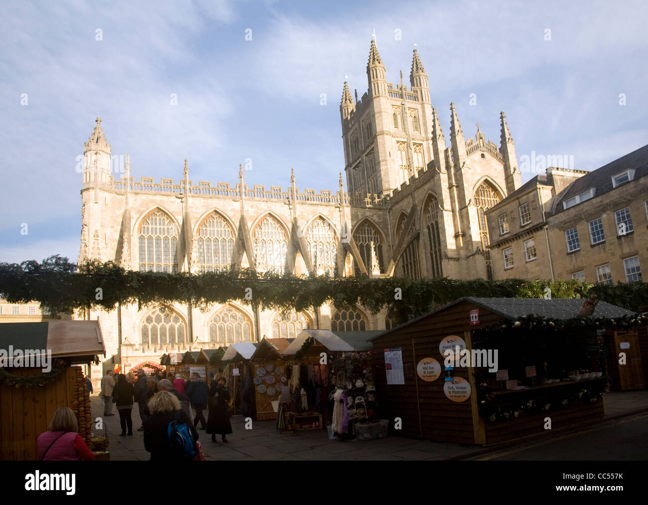 Marché de Noël église abbatiale, Bath, Angleterre Banque D'Images