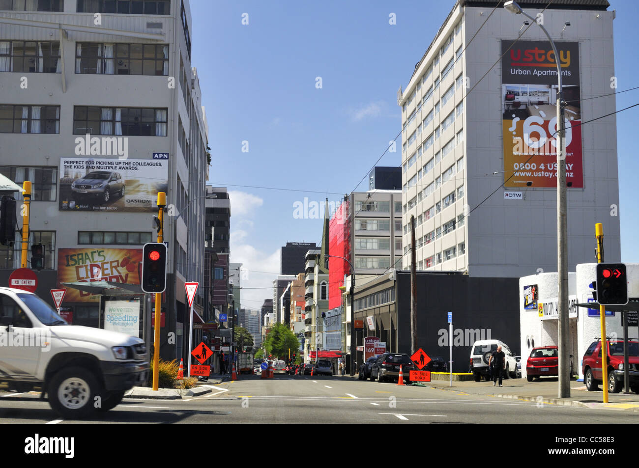 Travaux routiers sur Willis St, Wellington Central City, en Nouvelle-Zélande. Banque D'Images