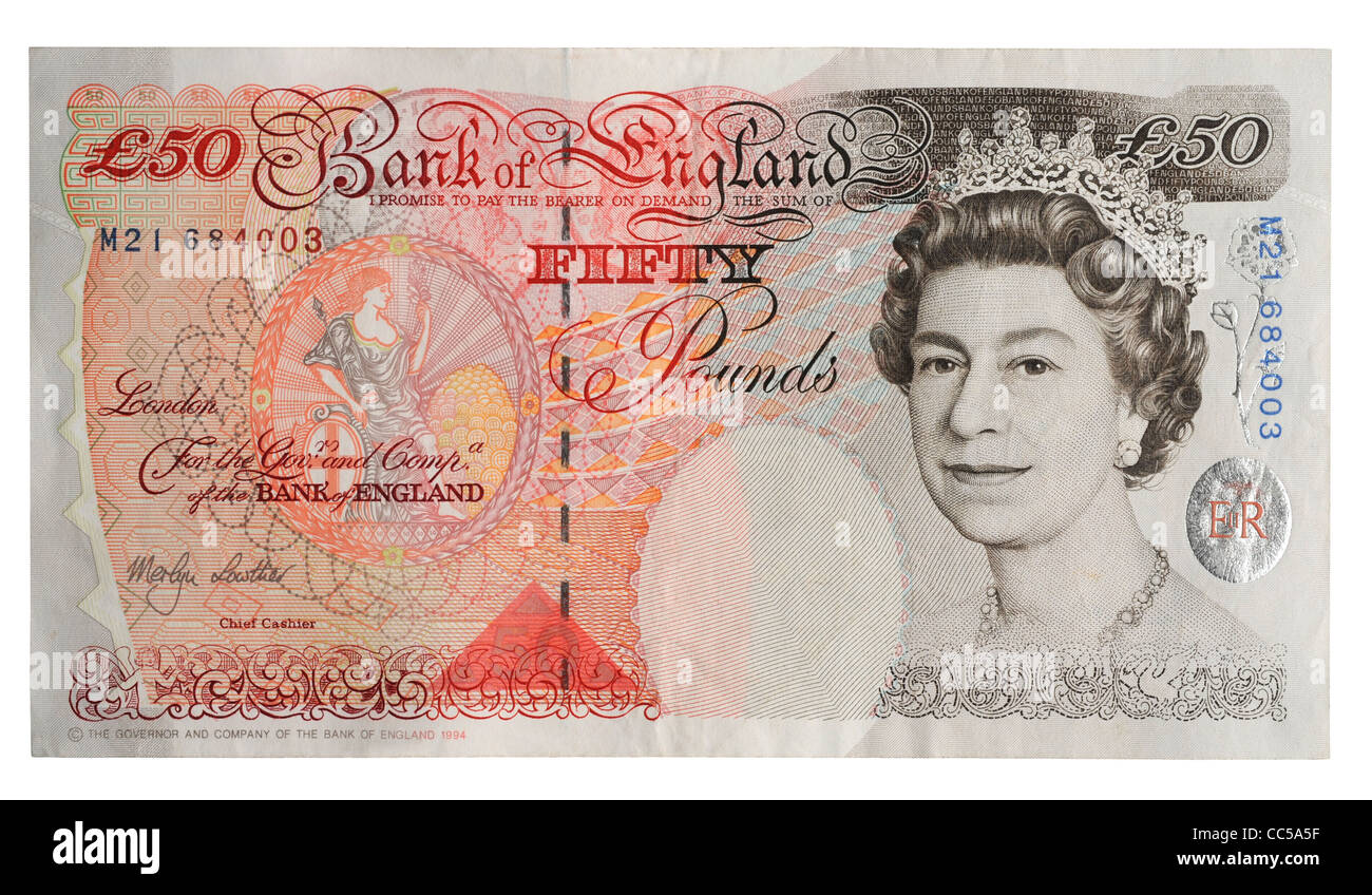 Cinquante pound note, £50 remarque, anglais cinquante pound note sur fond blanc Banque D'Images