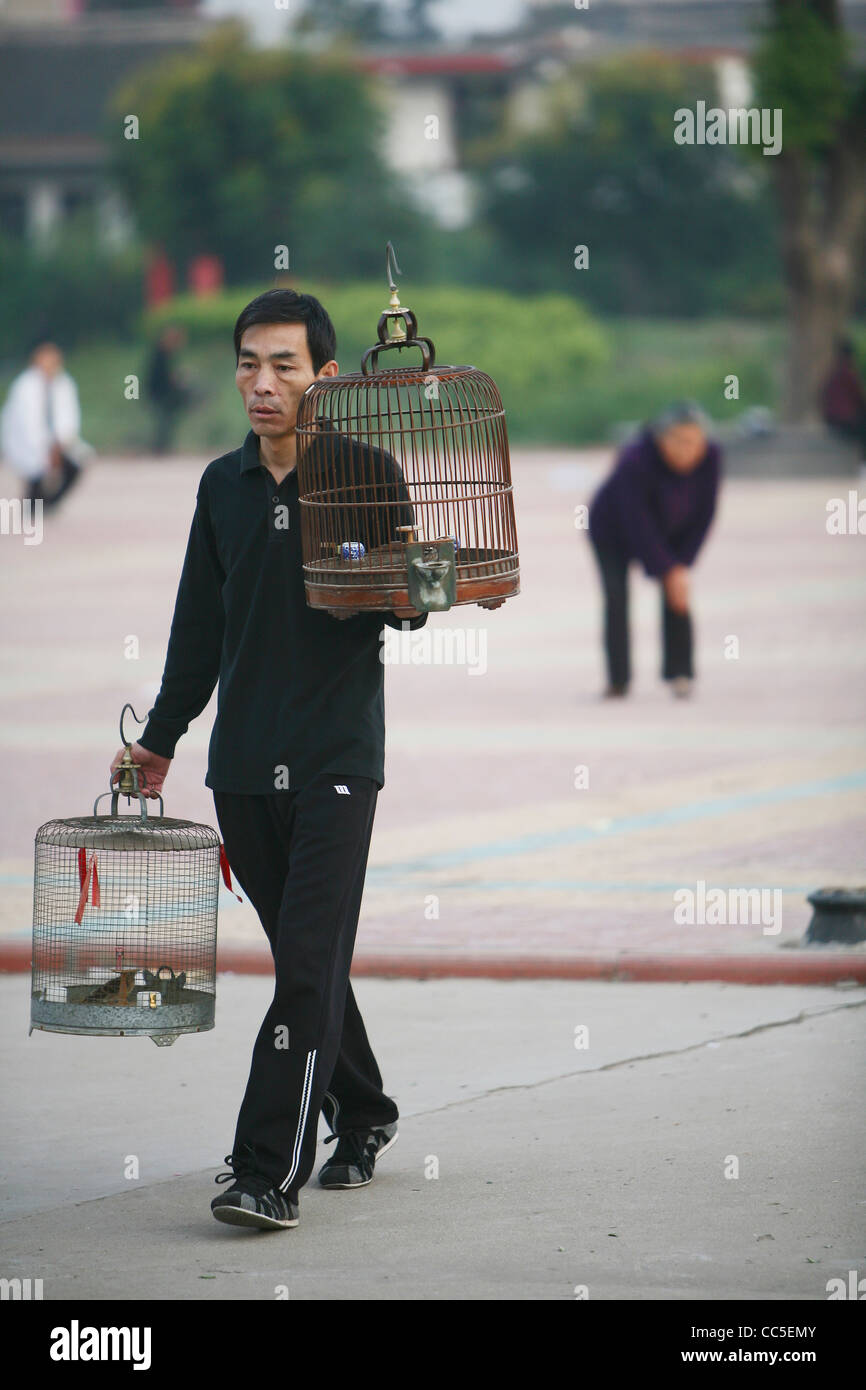 Homme marchant local avec deux cages à oiseaux, Shangcai, Henan, Chine Banque D'Images