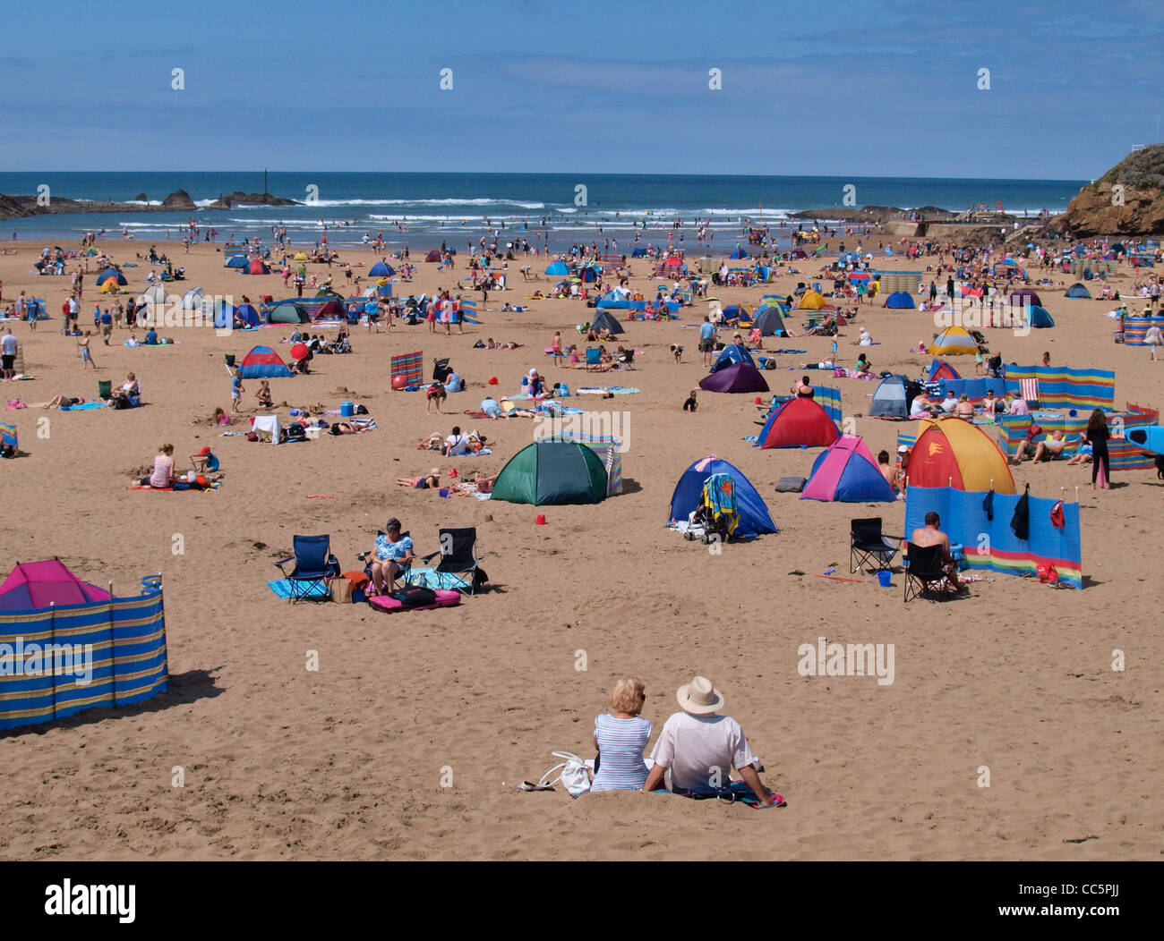 Longue journée à la plage, Summerleaze Beach, Bude, Cornwall, UK Banque D'Images