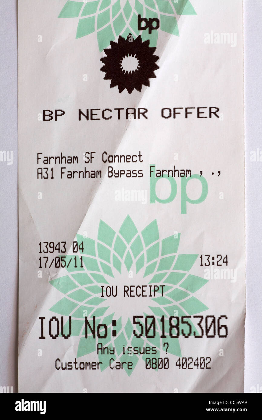 IOU reçu délivré par le Nectar BP offre après l'achat de carburant en  présence carte Nectar sans garage Photo Stock - Alamy