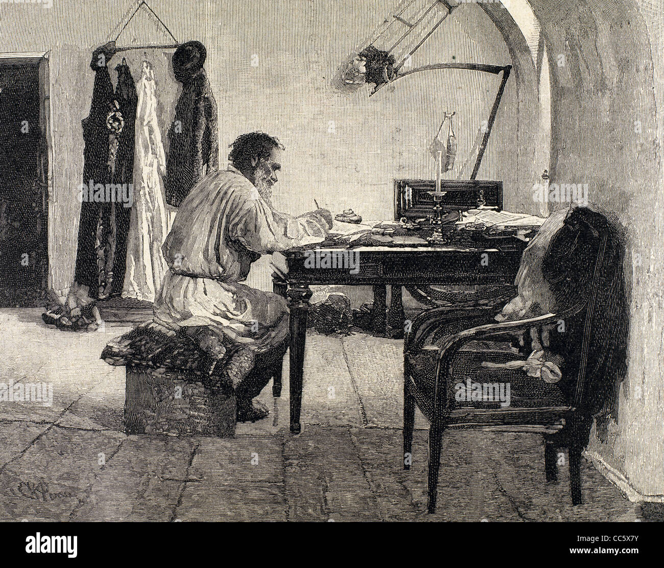 Léon Tolstoï (1828-1910). L'écrivain russe. Totlstoy dans sa salle de travail. Banque D'Images