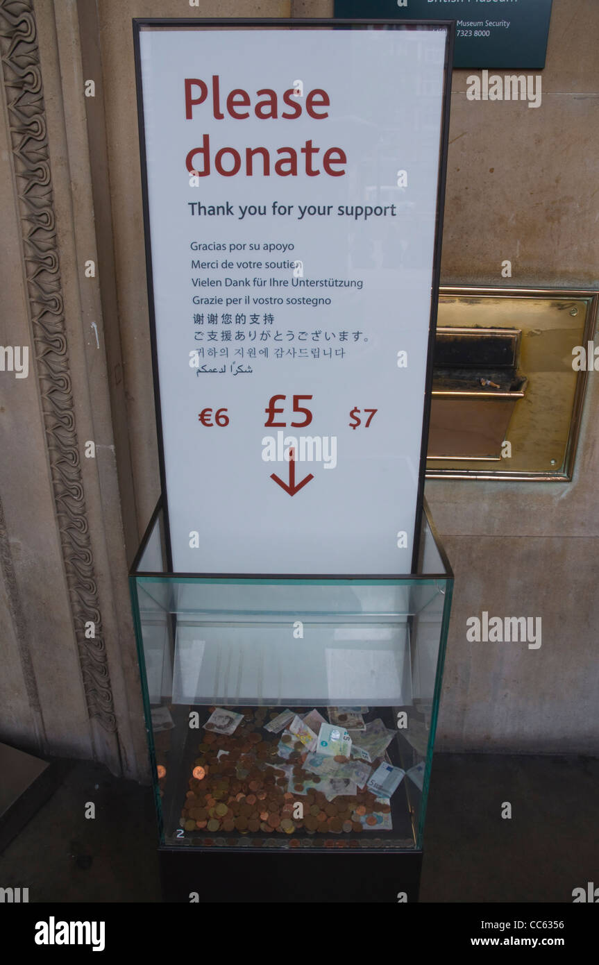 Donation box British Museum de Bloomsbury, Central London England UK Europe Banque D'Images