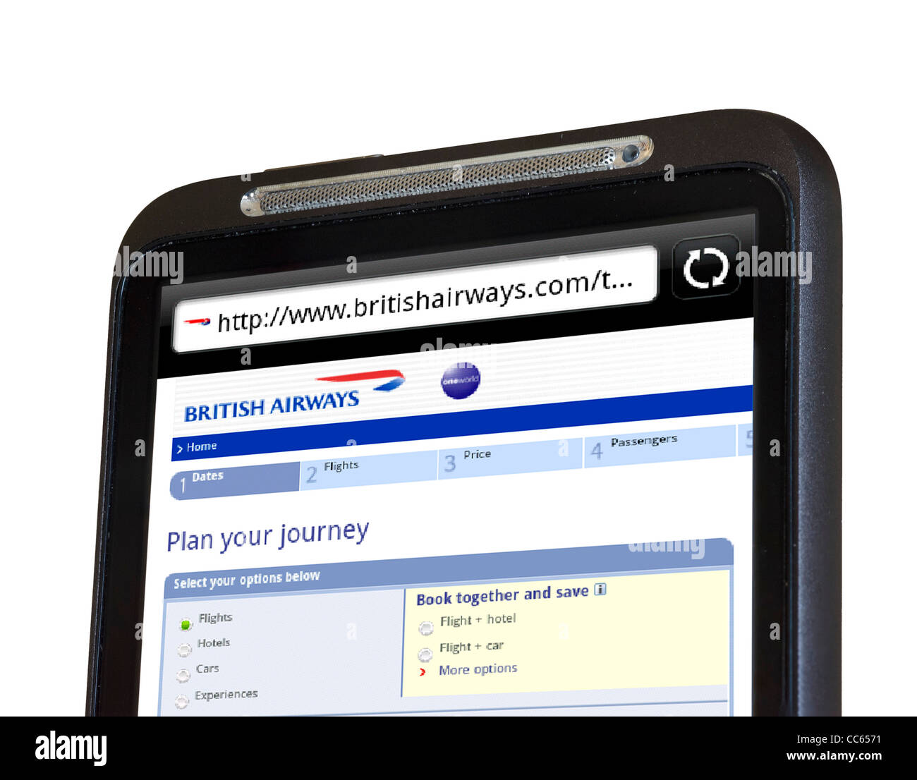 Faire une réservation sur le site internet de British Airways sur un smartphone HTC Banque D'Images
