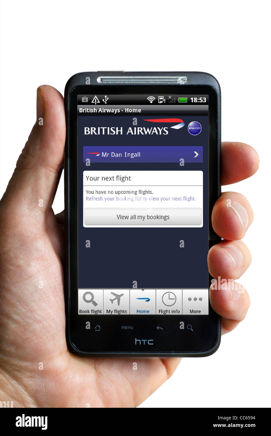 Vols de contrôle et de statut via l'Executive Club British Airways app android sur un smartphone HTC Banque D'Images