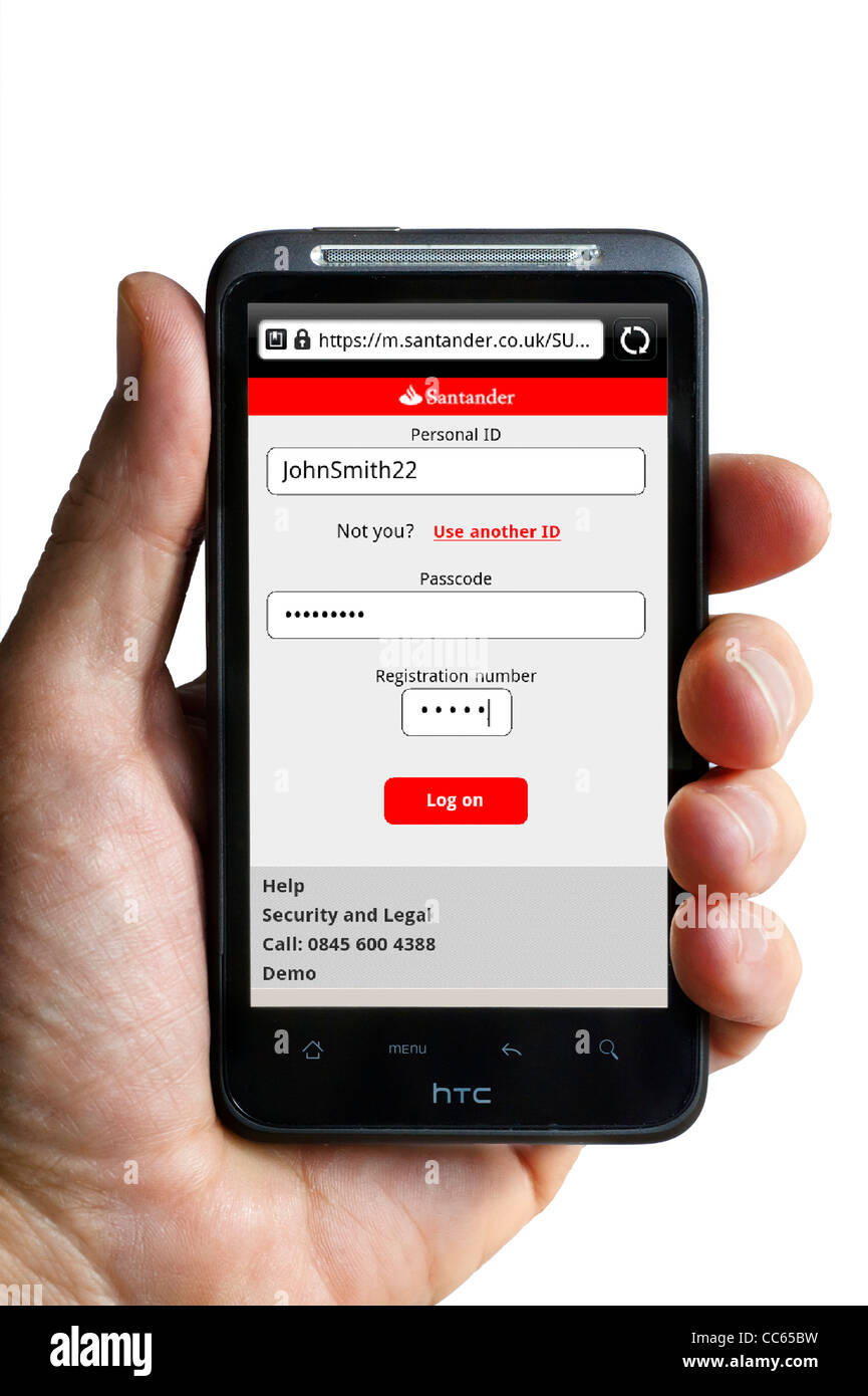 Services bancaires en ligne mobile avec Santander sur un smartphone HTC Banque D'Images
