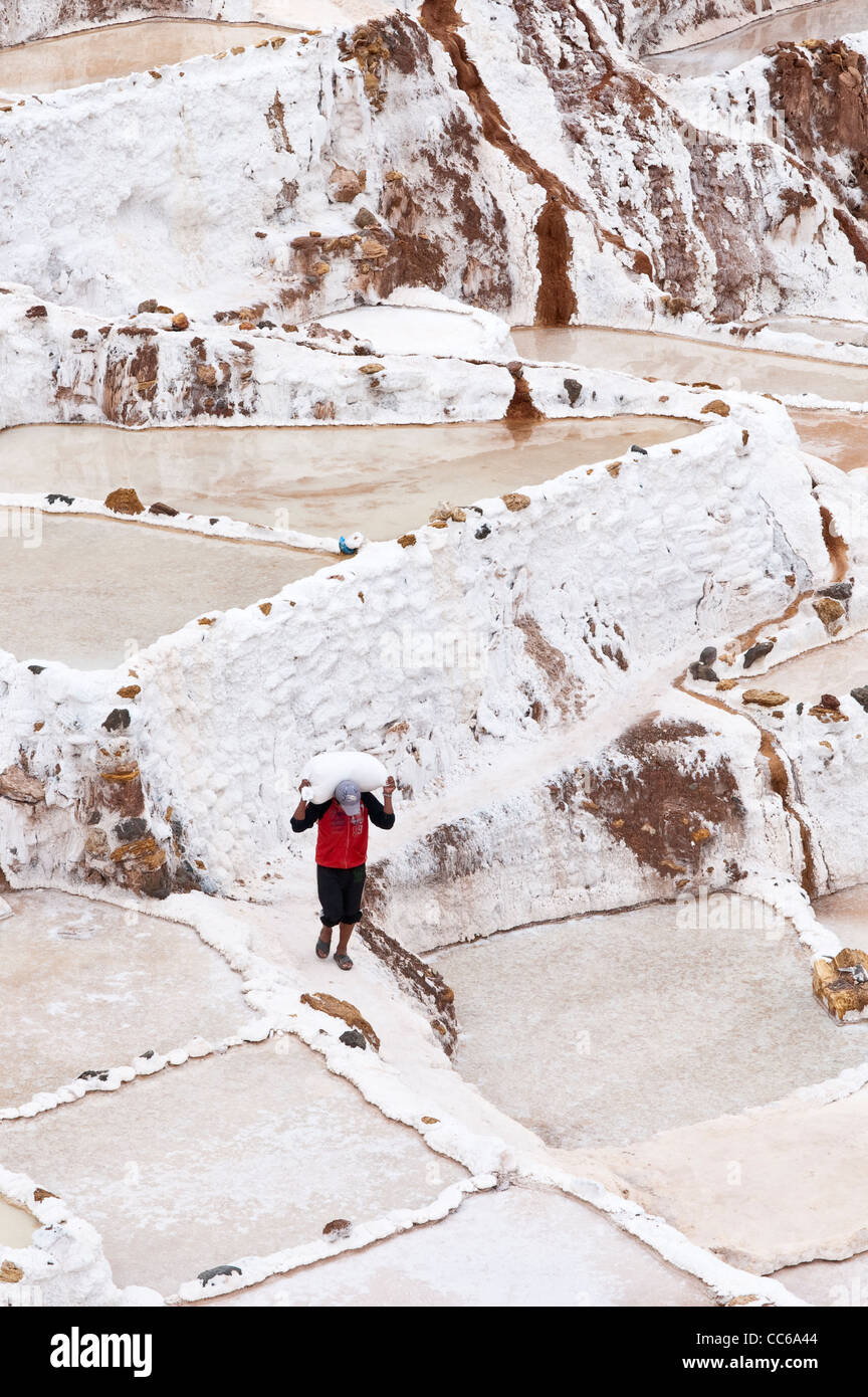 Les hommes travailleurs Inca homme sac sacs de transport à Salinas de Maras les étangs d'eau salée avec terrasse panoramique, terrasses des mines Mines Vallée Sacrée, le Pérou. Banque D'Images