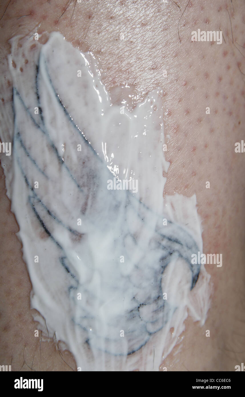 Encre de Tatouage aile fraîchement sur la cheville mâle crème Bepanthen couverts dans l'aide à la guérison Banque D'Images