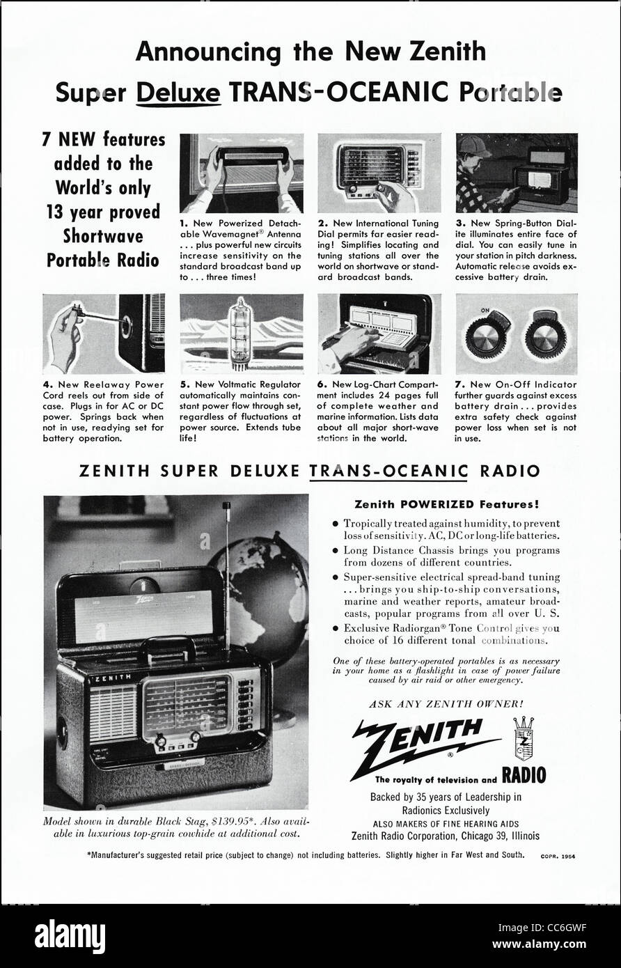 Publicité dans un magazine américain vers 1954 pour les radios portables ZENITH Banque D'Images