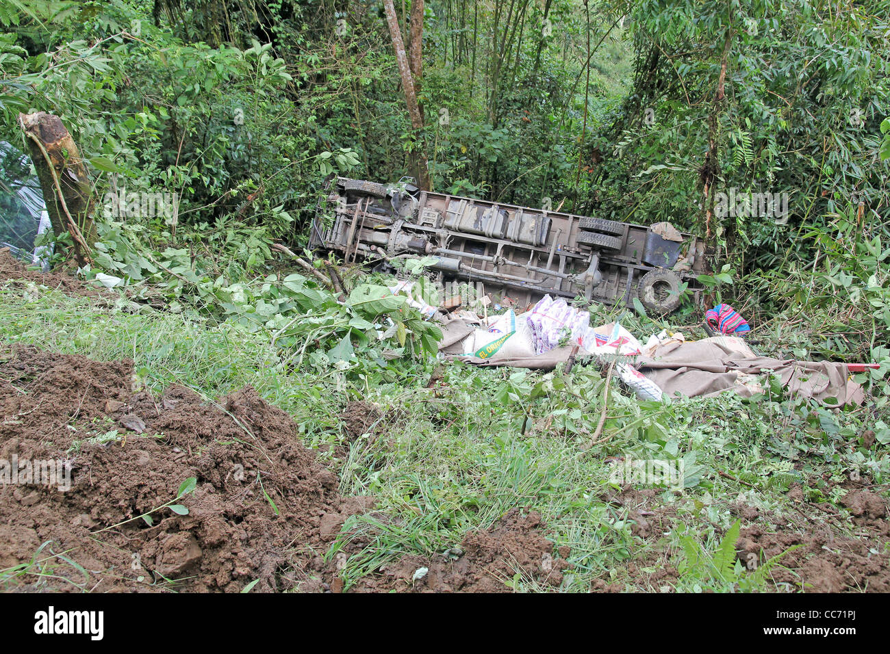 Un camion surchargé vire au large de cette route de montagne dans les Andes, au Pérou, avec des conséquences fatales Banque D'Images