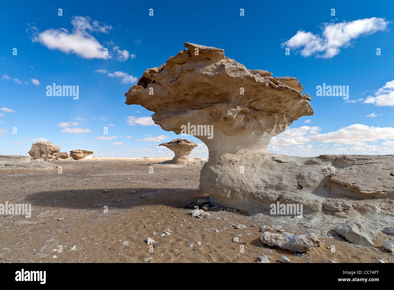 Inselbergs avec sable striée environnants dans le désert blanc, près de Farafra Oasis, Egypte Afrique Banque D'Images