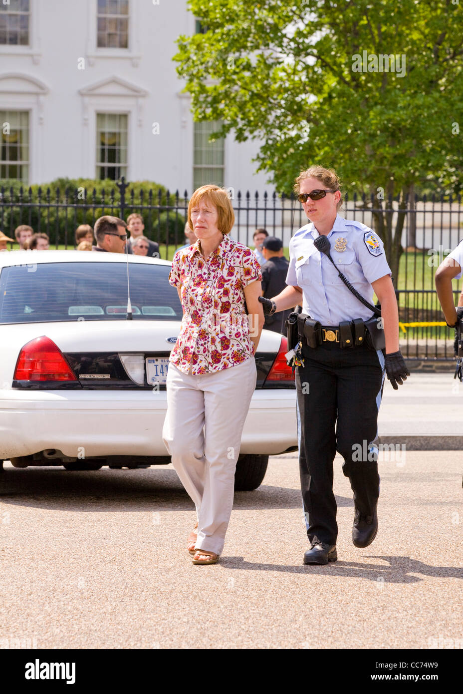 Un démonstrateur femelle est menotté et emmené par la police - Washington, DC USA Banque D'Images