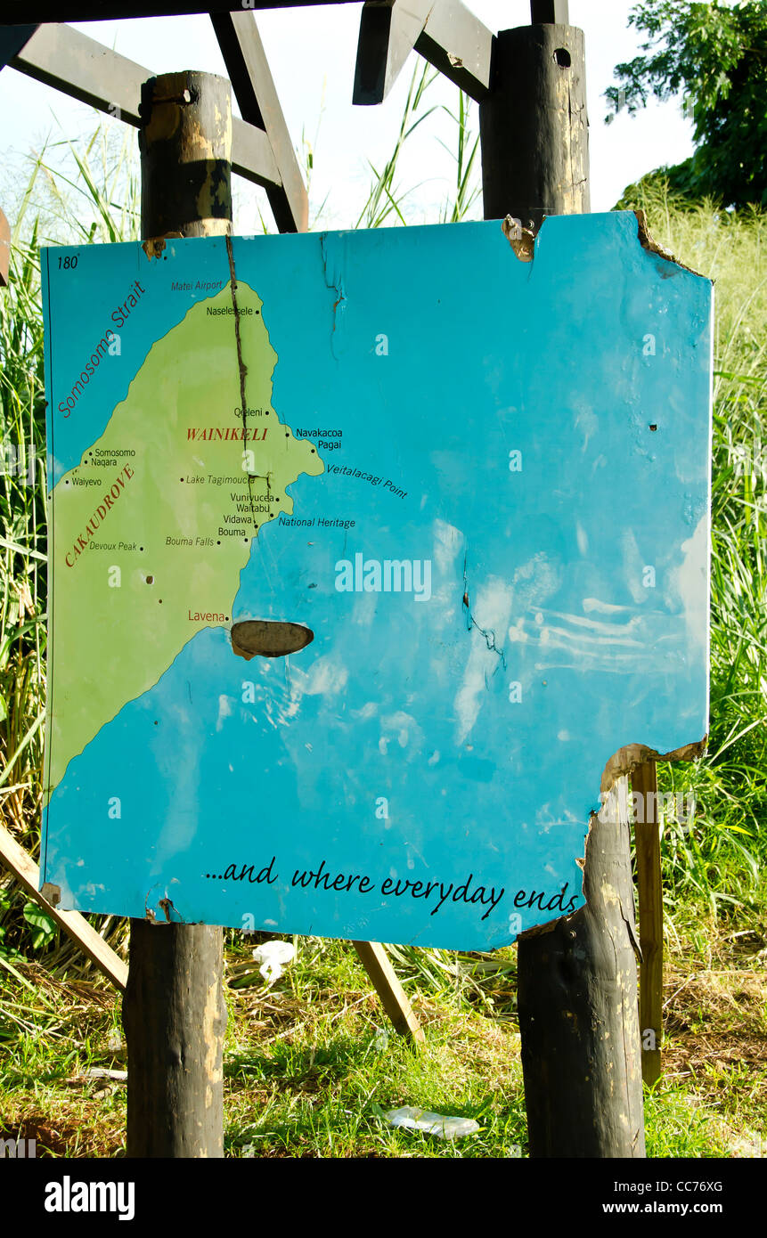 Ligne de changement de date marqueur Tavenui Island Fiji deuxième moitié du signe, du Pacifique Sud Banque D'Images